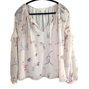 St. Tropez West blush pink botanical floral sheer ruffle long slv blouse top L
